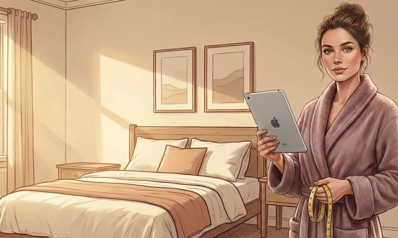 Illustration of woman in bedroom with measuring tape and holding a tablet.