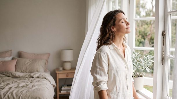 Woman in ivory linen at an open window in soft morning light, illustrating the natural science of female body scent