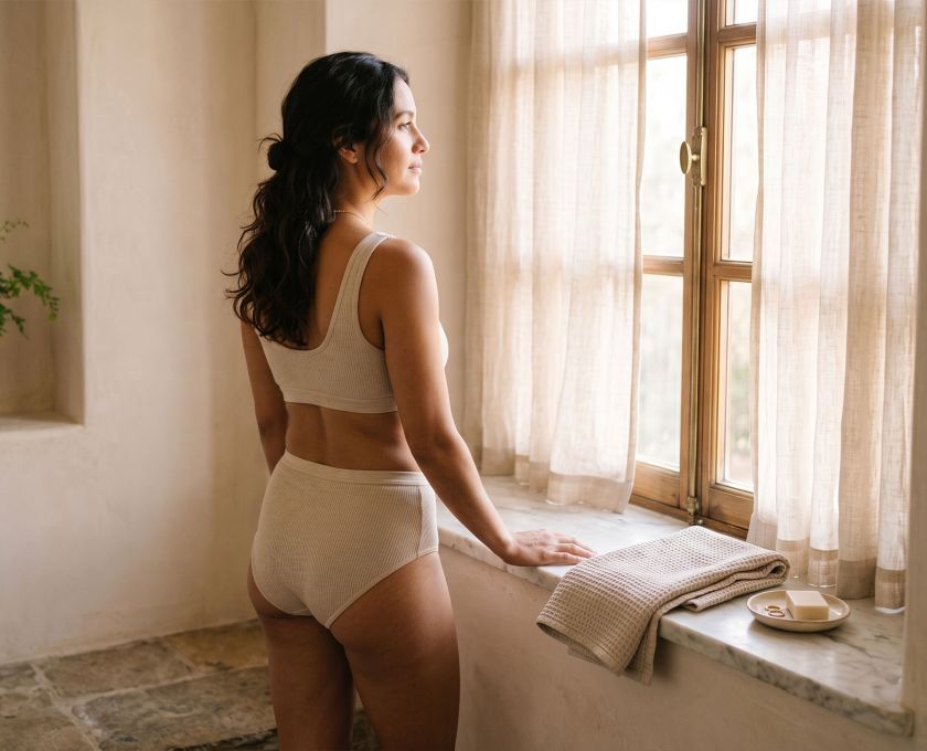 Mujer de pie junto a una ventana iluminada por el sol en el baño durante su tranquila rutina matutina después de la ducha