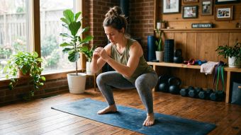A woman exercising at home, representing post-childbirth fitness and body recovery.