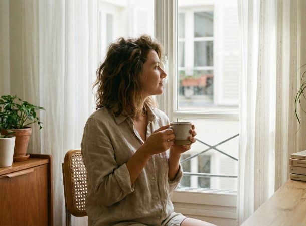 Une femme pratiquant une respiration consciente dans une pièce lumineuse et paisible pour réduire le stress.