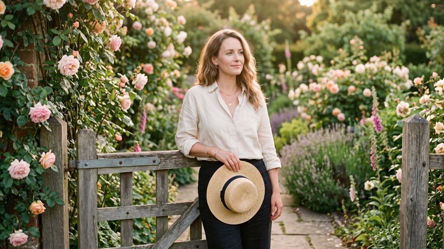 Serene woman in linen at a rose-covered garden gate in golden light during a screen-free weekend reset for a positive mindset