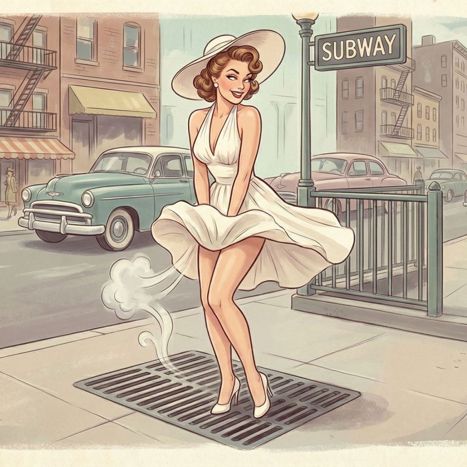 Artistic illustration of a beautiful woman in a vintage white halter dress standing over a subway grate