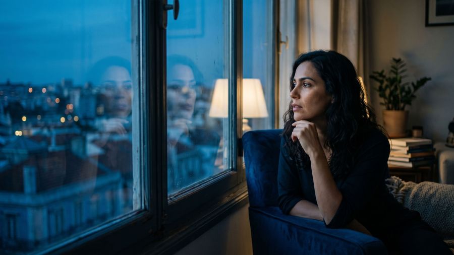 Uma mulher pensativa olhando para o horizonte, representando clareza e autoconsciência na segurança pessoal.