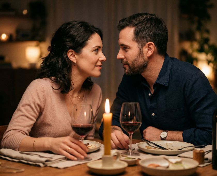 A couple sharing a warm, candlelit dinner at home, laughing and leaning toward each other in genuine connection