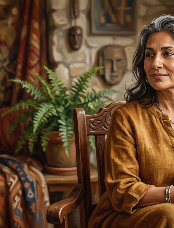 Uma mulher serena na meia-idade com cabelos grisalhos, representando sabedoria feminina e perspectivas culturais sobre o envelhecimento