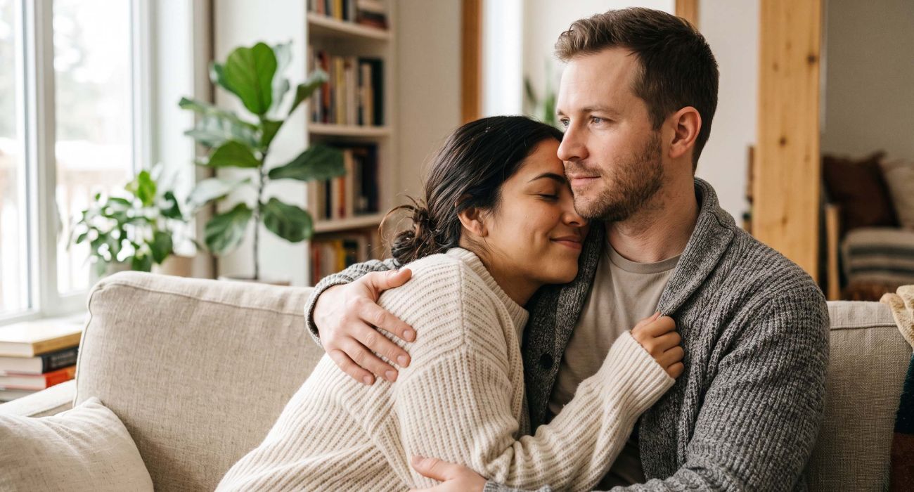 Mujer sonriendo con los ojos cerrados mientras respira el aroma de la camisa de su pareja bajo la cálida luz de la mañana.