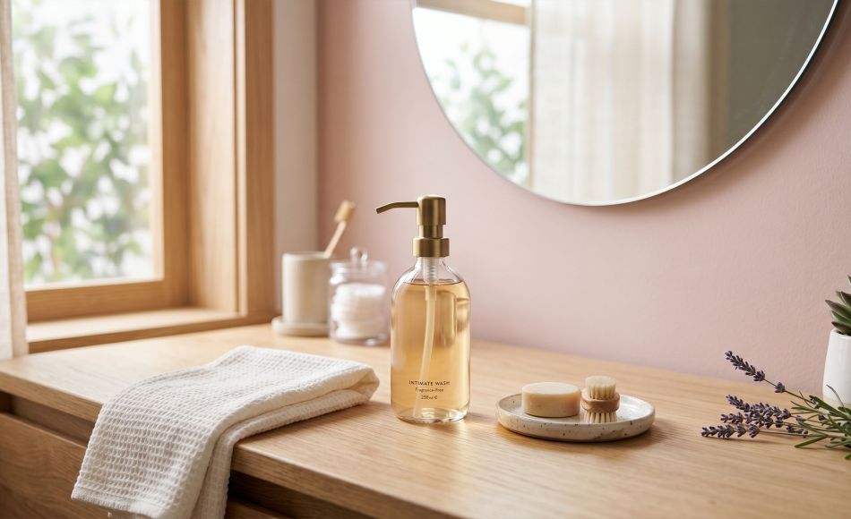 Minimalist personal care products and a soft cotton towel on a bright, clean bathroom counter.