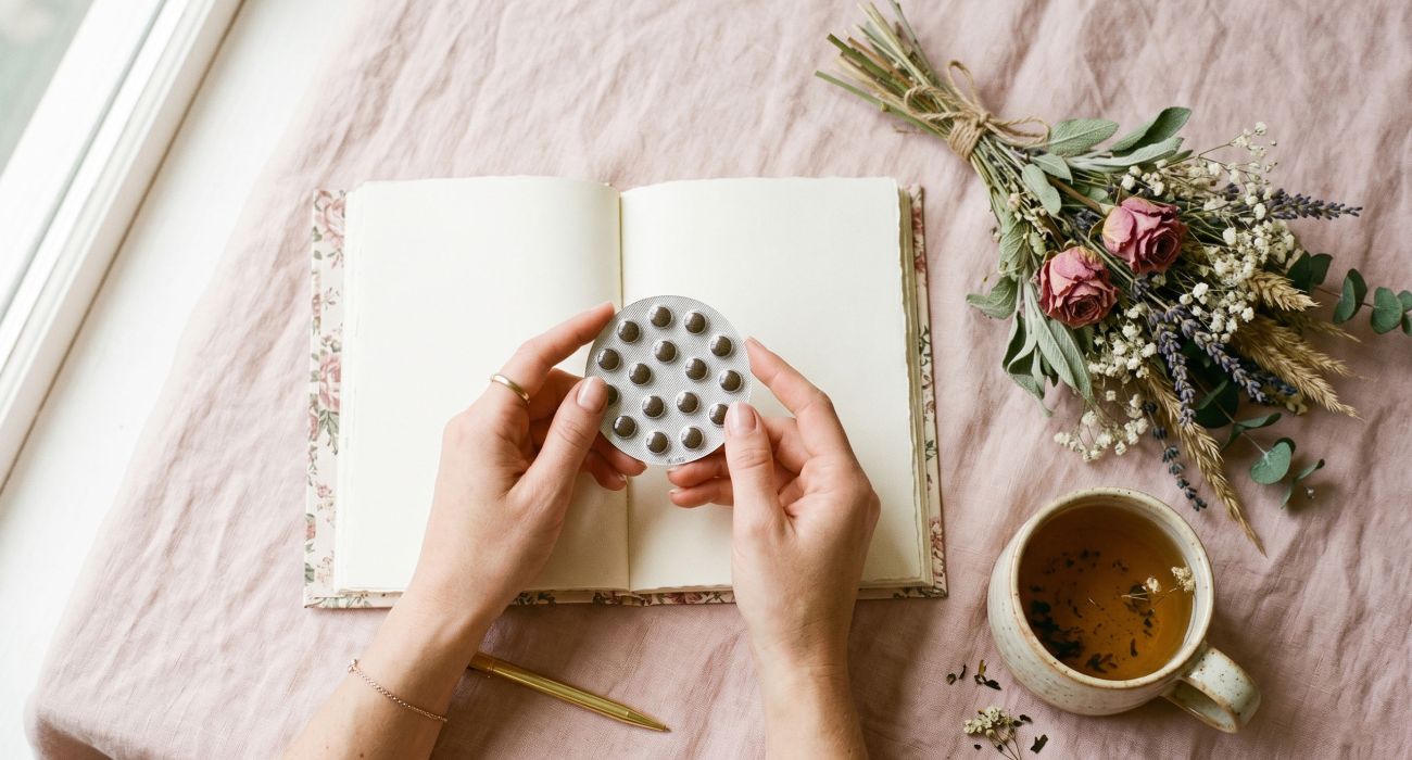 Manos de una mujer sosteniendo un paquete de píldoras anticonceptivas junto a un diario y té herbal sobre un fondo pastel