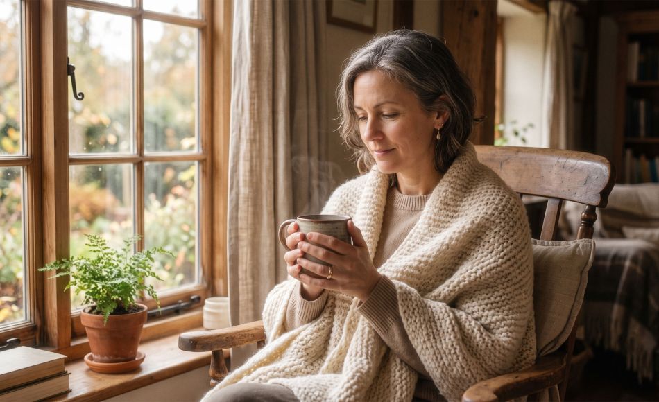 Woman sitting quietly by a sunlit window, symbolizing reflection and healing after loss"