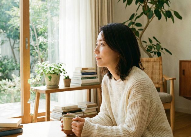 明るく静かな部屋でマインドフルな呼吸を行い、ストレスを和らげる女性。