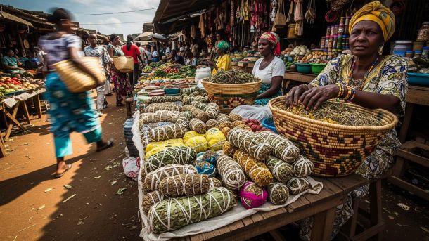 Market stall with wrapped herbal bundles and clay pots, illustrating traditional remedies and preparations.
