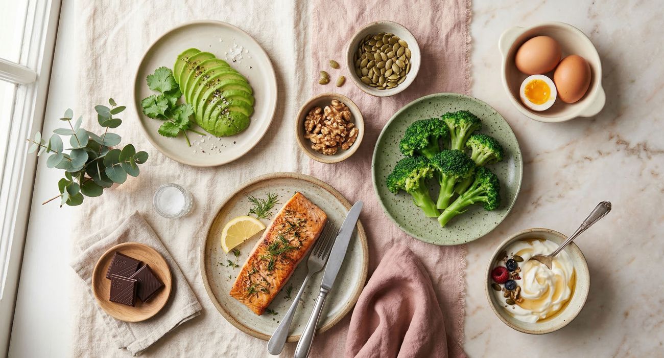 A flat-lay of foods that support hormonal balance including avocado, salmon, eggs, walnuts, and dark chocolate on a linen surface
