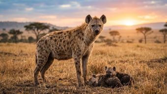 Female spotted hyena standing over her cubs at dawn on the African   savannah, exuding authority and alertness