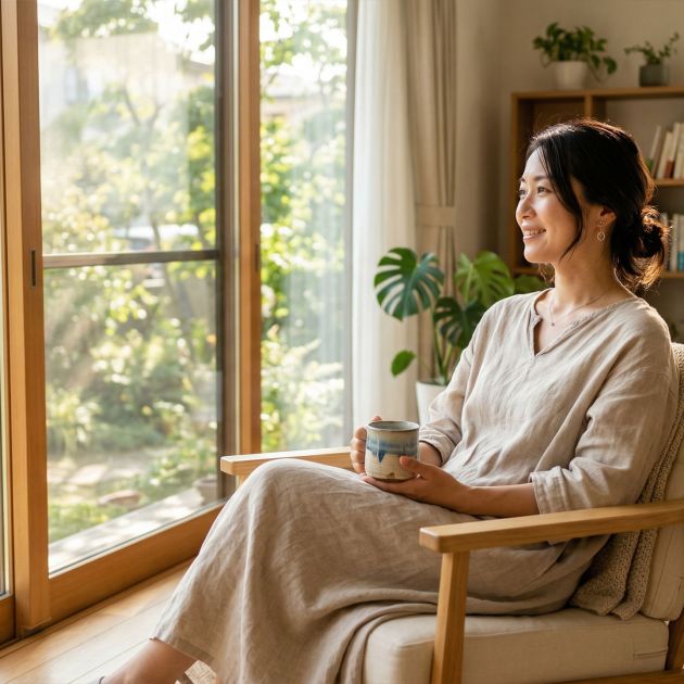 明るく清潔な家で静かな時間を楽しむ穏やかな女性。