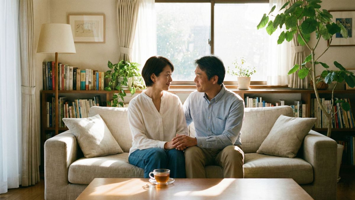 安定した夫婦関係を象徴する、寄り添って座る夫婦。