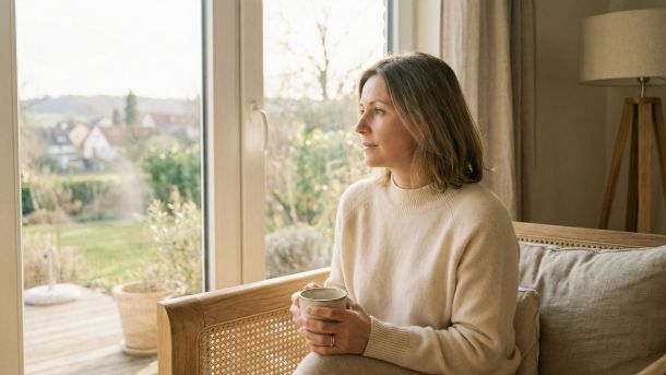 Eine Frau, die in einem ruhigen, sonnendurchfluteten Raum reflektiert und emotionale Ruhe sowie feminine Anmut verkörpert.