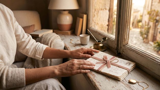 Manos de una mujer descansando junto a cartas de amor escritas a mano bajo la suave luz de una ventana, representando la historia de la anticipación romántica.