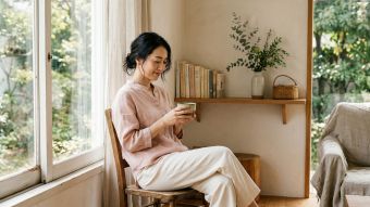 やわらかな自然光の中で落ち着きと自信を感じさせる女性。身体への理解と自己認識を象徴している