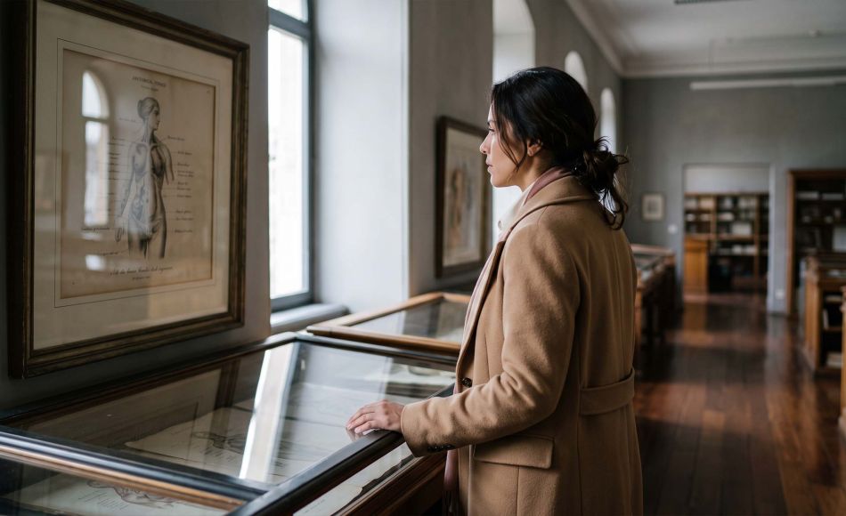 Mulher usando casaco cor de camelo observando uma gravura anatômica do século XIX emoldurada em um arquivo de museu, ilustrando a história de como a anatomia feminina era representada