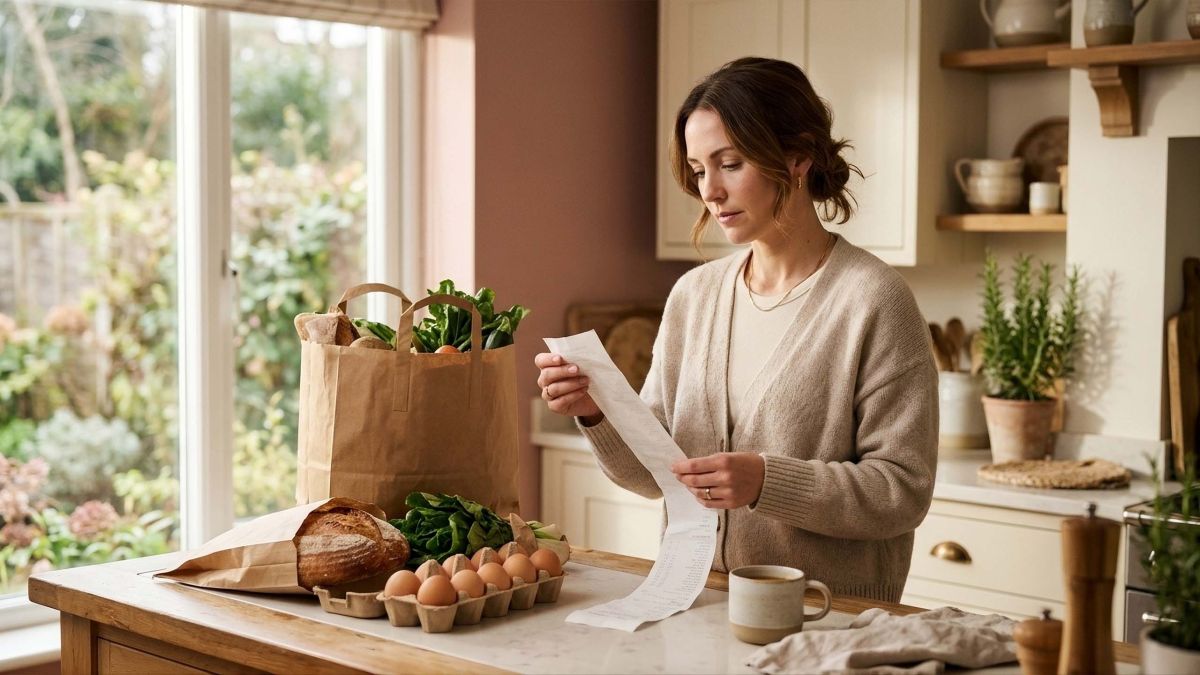 Woman reading a long grocery receipt at her kitchen counter, reflecting on why people vote against their own interests