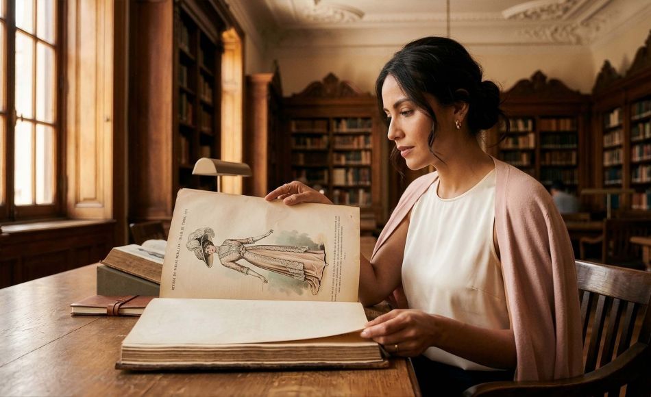 Mujer en una biblioteca histórica leyendo un volumen encuadernado de revistas de moda de la década de 1910 mientras investiga cuándo empezaron las mujeres a depilarse las axilas.