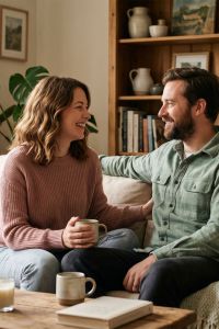 Woman and her partner sitting closely together, sharing a quiet, tender moment of emotional connection at home