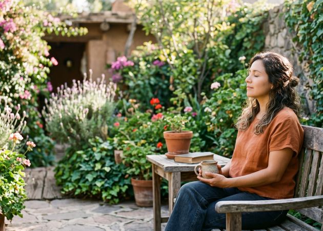 Mujer sentada tranquilamente al aire libre con suave luz de la mañana y ojos cerrados, representando equilibrio emocional y calma