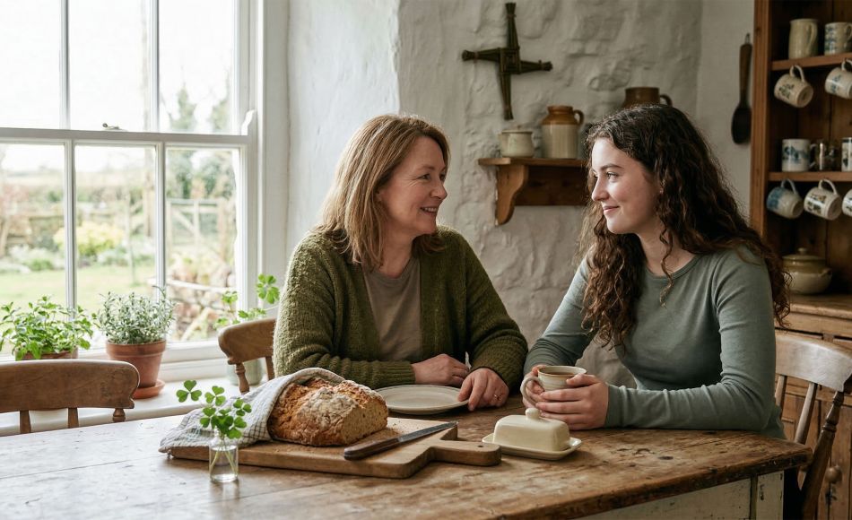 Madre e hija celebrando el Día de San Patricio con pan irlandés y trébol