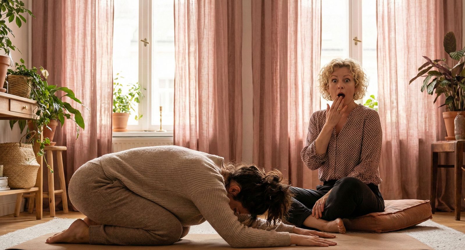 Une femme dans un cadre paisible de yoga, pratiquant mais embarrassée par un pet vaginal.