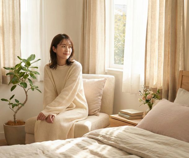 柔らかな光の部屋で静かに佇む女性。女性的受容性と生物学的調和を象徴。