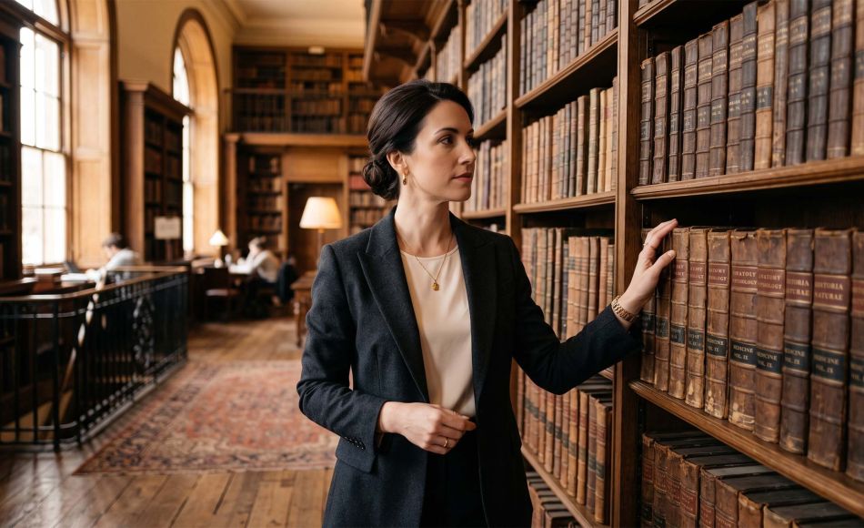 Elegant woman studying antique anatomy books in a historical medical library, illustrating the history of the wandering womb theory in women's medicine