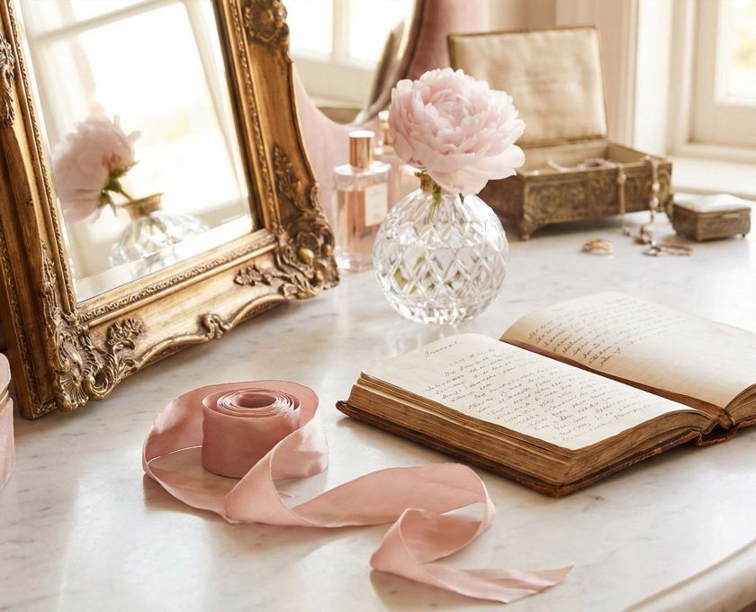 Un tocador femenino sofisticado con un espejo dorado y un diario, que representa la historia de la educación privada y la salud de las mujeres.