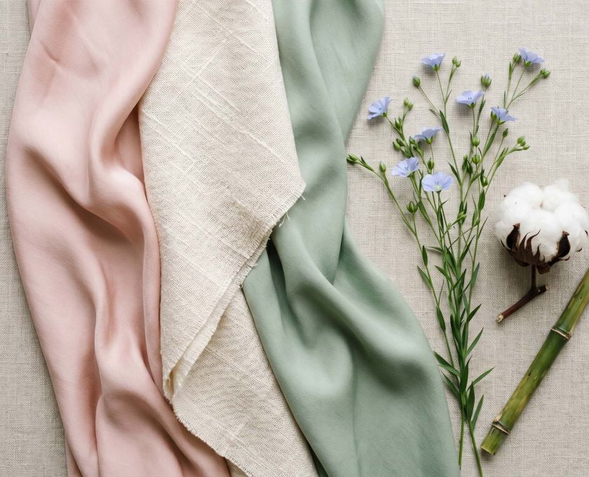 Silk, cotton, and bamboo fabric swatches arranged in a feminine flat-lay representing the best fabrics for women's intimate comfort