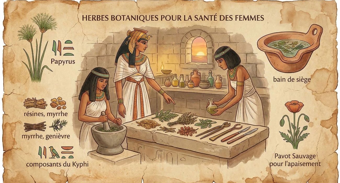 Herbes séchées, parchemin et récipients en argile représentent d'anciens remèdes botaniques utilisés pour la santé des femmes à travers l'histoire.