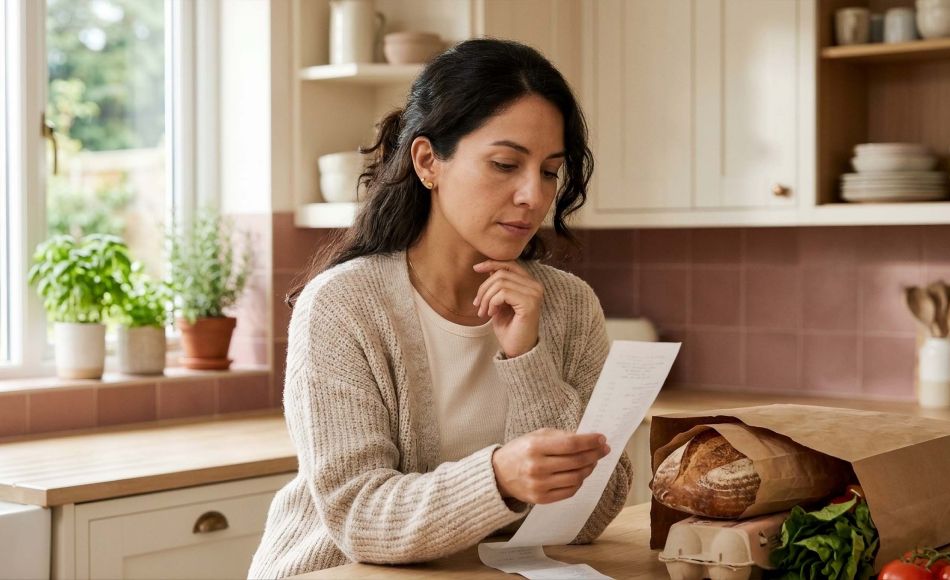 Mujer leyendo un largo recibo de supermercado en la encimera de su cocina, reflexionando sobre por qué las personas votan contra sus propios intereses