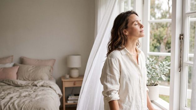 Woman in ivory linen at an open window in soft morning light, illustrating the natural science of female body scent