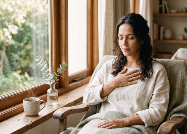 Mujer junto a una ventana respirando lentamente para calmar un sistema nervioso hiperactivo