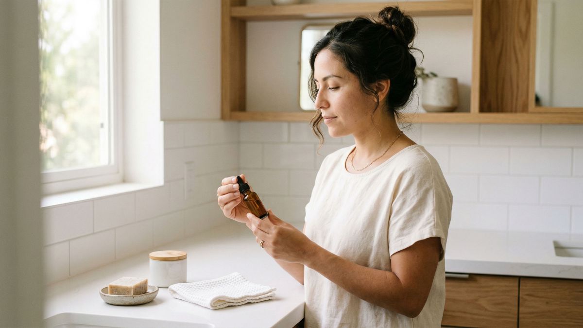 Mujer revisando productos de higiene en un baño limpio, representando el cuidado basado en el microbioma