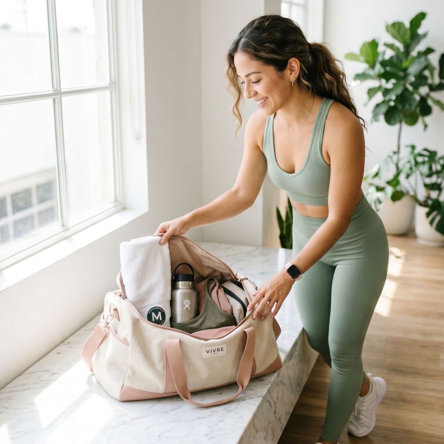 Mujer con ropa deportiva clara dejando una bolsa de gimnasio tras entrenar, luz natural