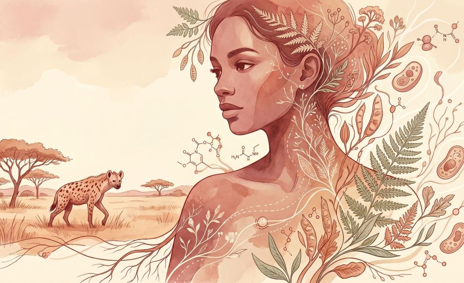 Soft editorial illustration of a woman in profile surrounded by   botanical elements and subtle scientific diagram overlays   representing hormones and biology