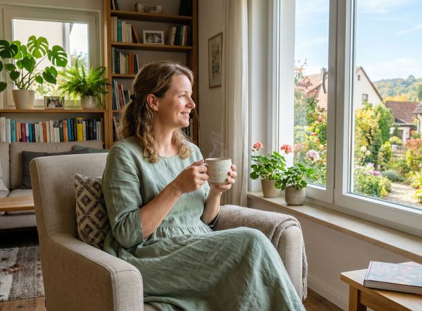 Eine ruhige Frau genießt einen stillen Moment in einem hellen, sauberen Zuhause.