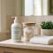 Gentle feminine bathroom scene with natural skincare products representing a mindful women's hygiene routine