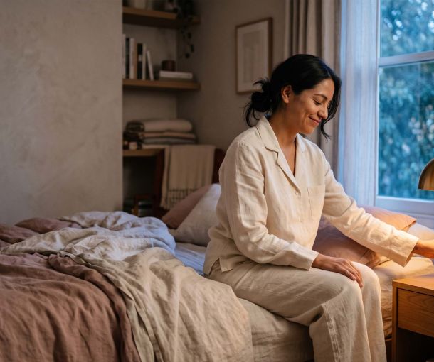 Mujer con pijama color crema encendiendo una lámpara de mesita al anochecer, ilustrando las señales no expresadas que las parejas usan para la intimidad.