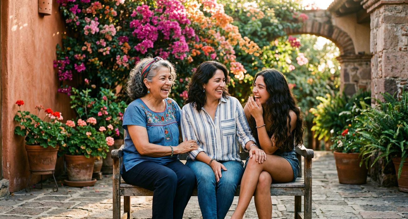 Une grand-mère, une mère et une fille partageant un moment de connexion dans une cour traditionnelle.