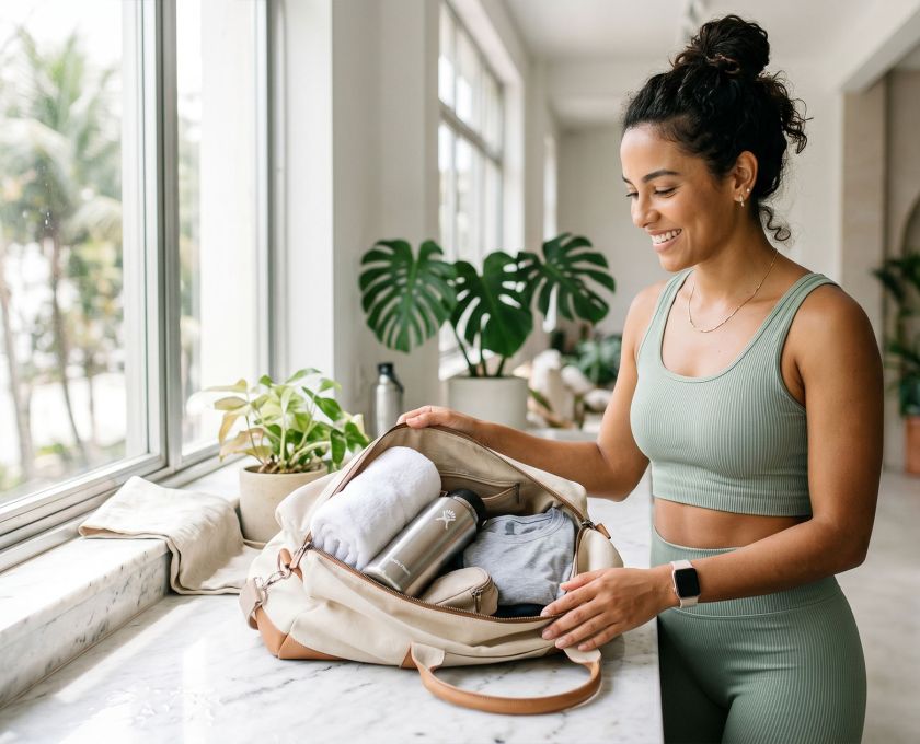 Mulher com roupa esportiva clara colocando uma bolsa de academia após o treino, luz natural