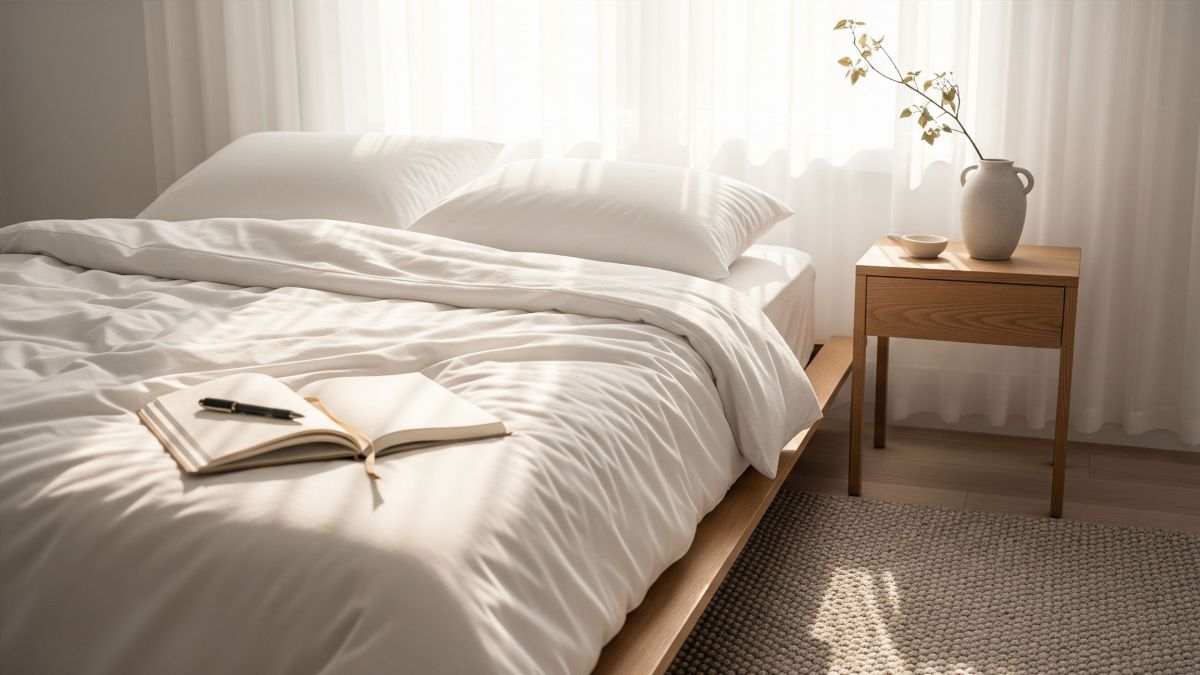 Chambre minimaliste avec journal et lumi&egrave;re naturelle symbolisant la vie intentionnelle.