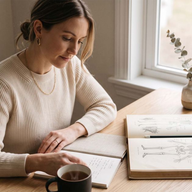 Woman in a cream knit studying an illustrated anatomy atlas at a sunlit desk while learning about female genital anatomy