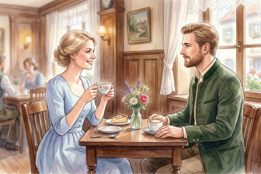 Ein Mann und eine Frau bei einem respektvollen ersten Treffen mit positiven nonverbalen Signalen.