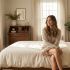 A peaceful woman reflecting in a soft-lit room, representing feminine receptivity and biological harmony.